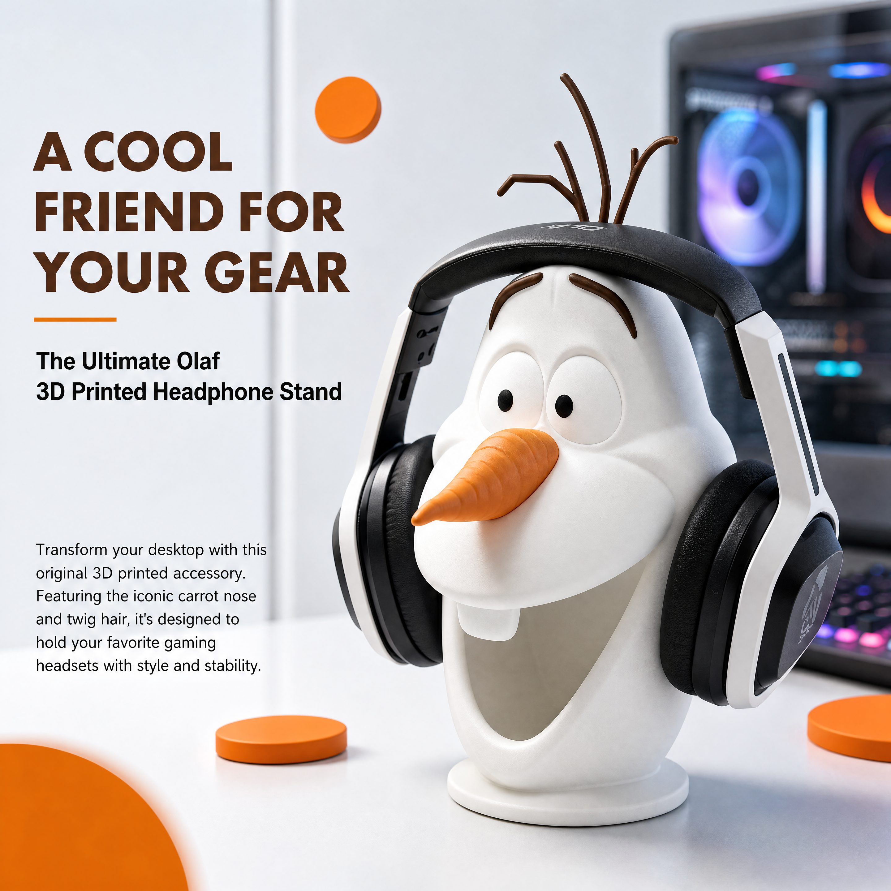 Frozen Olaf Figure Digital 3D Printing Impact Resistant Headphone Display Stand For E Sports