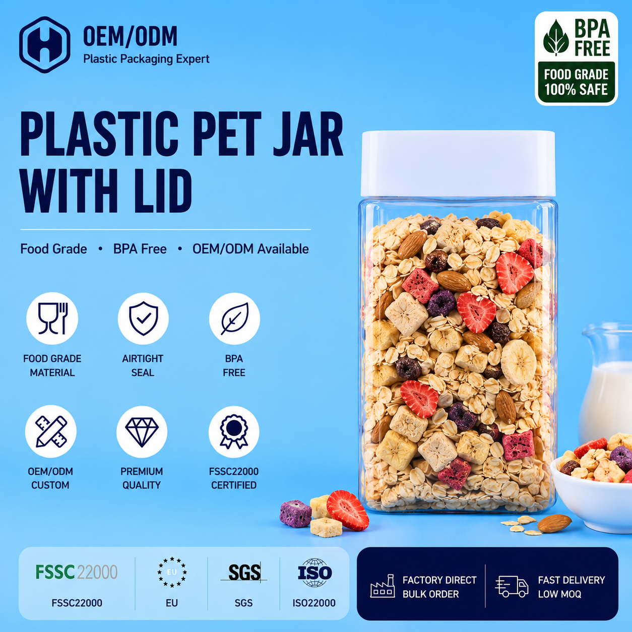 Retail Recyclable Transparent PET Jars For Granola Oatmeal Breakfast Cereal Healthy Snacks