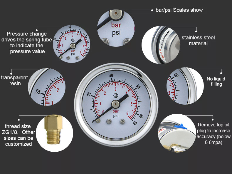 OEM Customized 2 51.5mm Stainless Steel Case Pressure Gauge with NPT1/8 Brass Thread Connection and 2.5% Precision