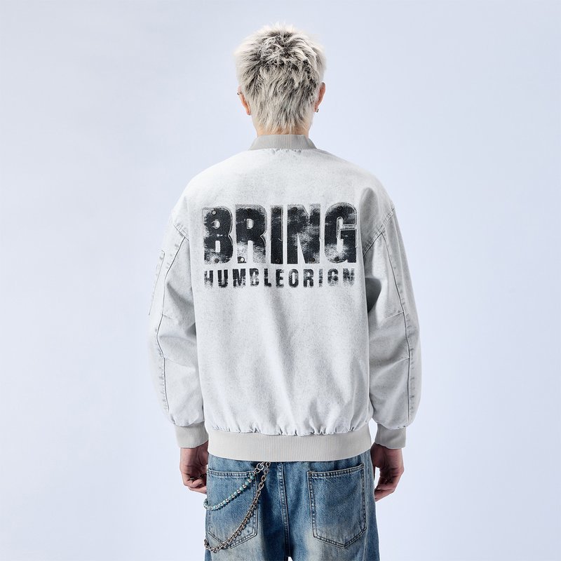 Grey Printed Ribbed Hem youth varsity jacket wholesale Minimalist Long Sleeve Custom (YY-8808)