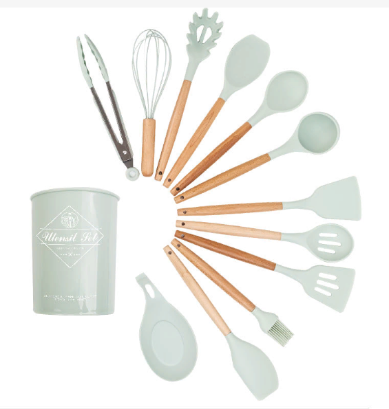 18-Piece Green Silicone Cookware Set with Storage Bucket Non-stick Spatula Included