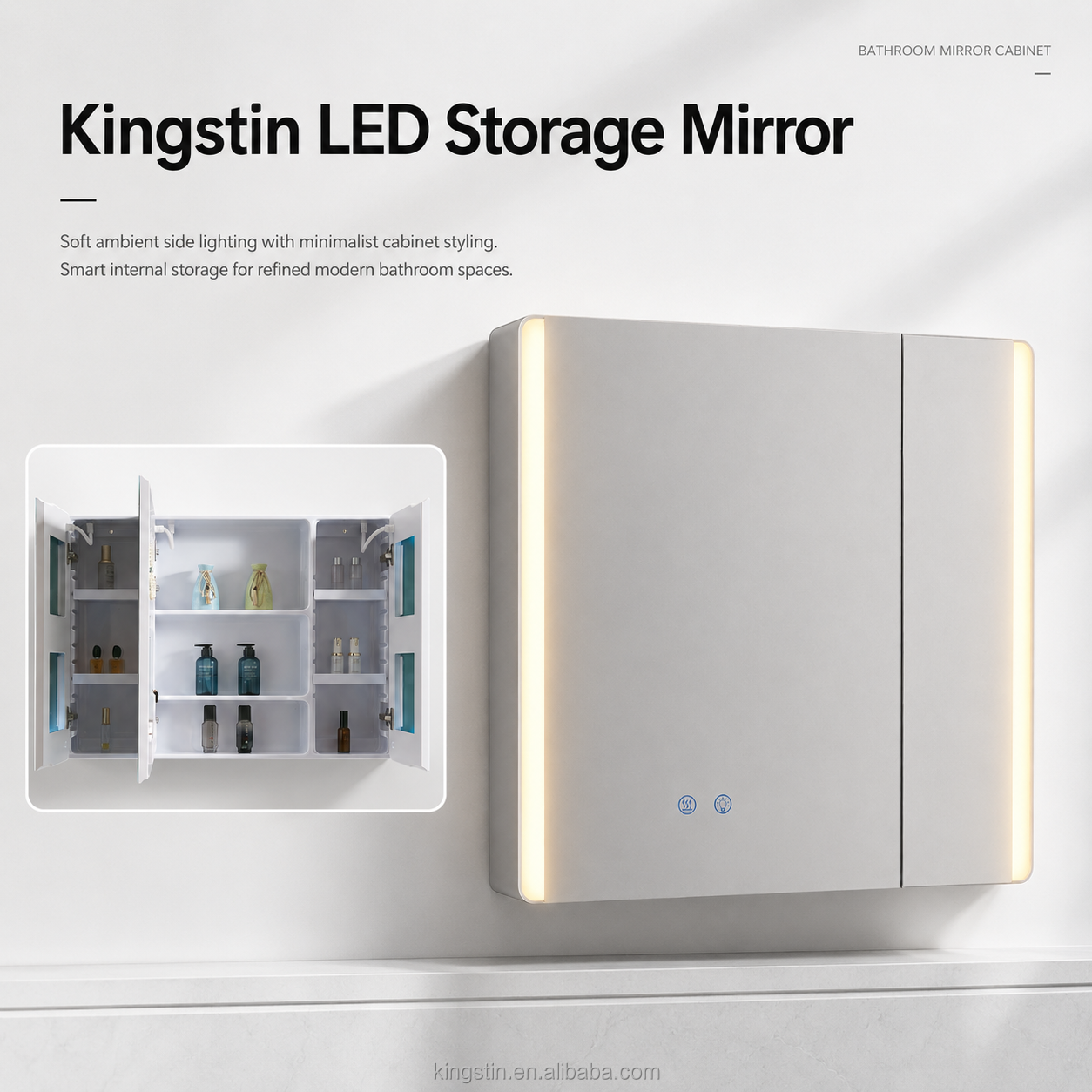 Kingstin Custom ABS LED Bathroom Mirror Cabinet with Storage for Hotels and Homes, 3 Color Temperatures and 5 Flexible Options