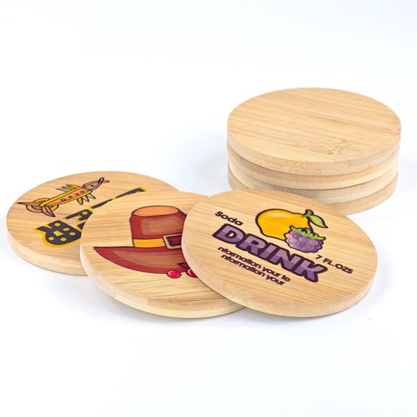 Sous-verre rond en bois de bambou naturel par sublimation, respectueux de l'environnement, avec logo personnalisé