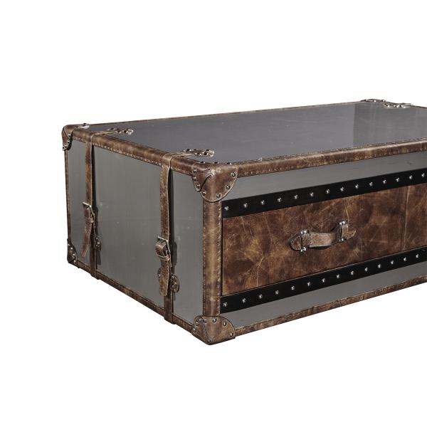 Stainless Steel Side Coffee Table 1.3M Length 4 Drawers Top Genuine Leather Handle