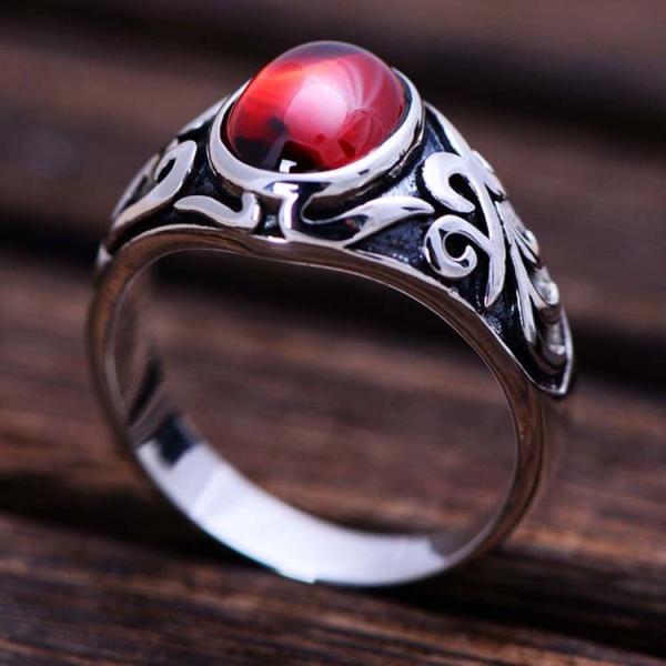 Thai Retro Sterling Silver Oval Created Garnet Ring For Men (013682)