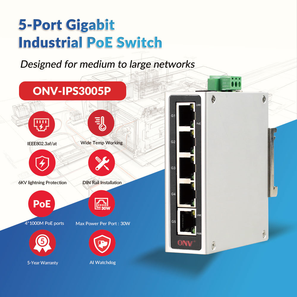 5-port Gigabit Industrial PoE Switch with IEEE 802.3af/at and 30W per Port