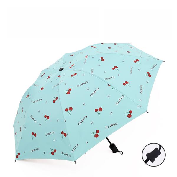 Ladies Three Fold Blue Umbrella with Strawberry Dot Pattern All-Season Manual Open