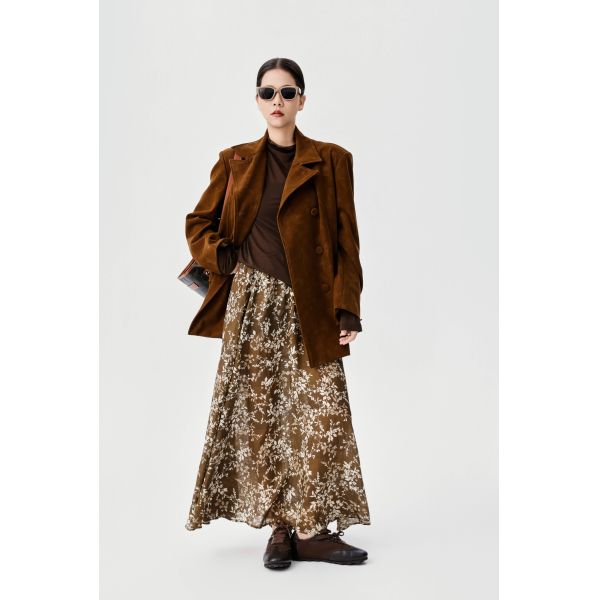 Autumn And Winter New Retro Double Breasted Waist Cinched Pu Jacket French Retro Floral Half Skirt High Waist Slimming Effect Mid Length A-line Skirt