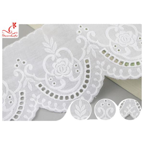 Cream Embroidered Eyelet Cotton Lace Trim Border With Floral Pattern SGS Verified