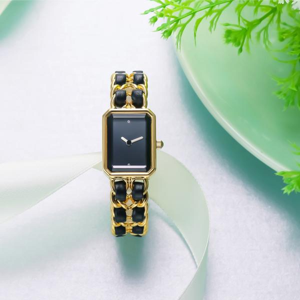 High End Women Quartz Brass Wrist Watch PVD Gold Square Water Resistant