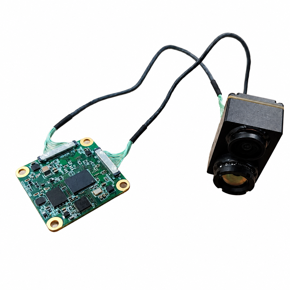 Dual-Spectrum AI Tracking Camera Module for Drone-1/1.8 Visible 1080P + 384×288 LWIR Thermal, Fusion & PIP Modes, 6 TOPS, 450m Detection, CRSF, 5-20V, 36×36mm