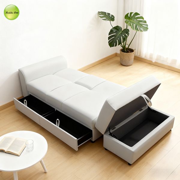 Minimalist PU Leather Foldable Sofa Bed With Drawer Storage & Cup Holder 3 Seater Living Room Sofa Convertible Sleeping Cum Bed