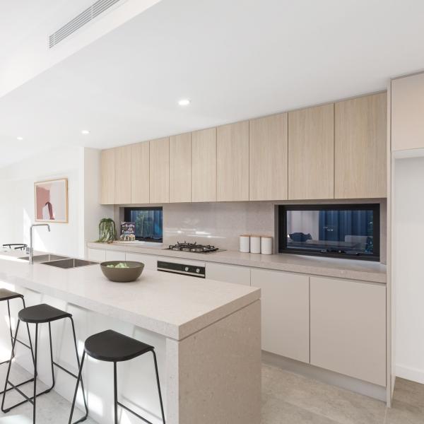 Wood Grain Melamine Kitchen Cabinet Furniture With Island DTC Blum Hardware