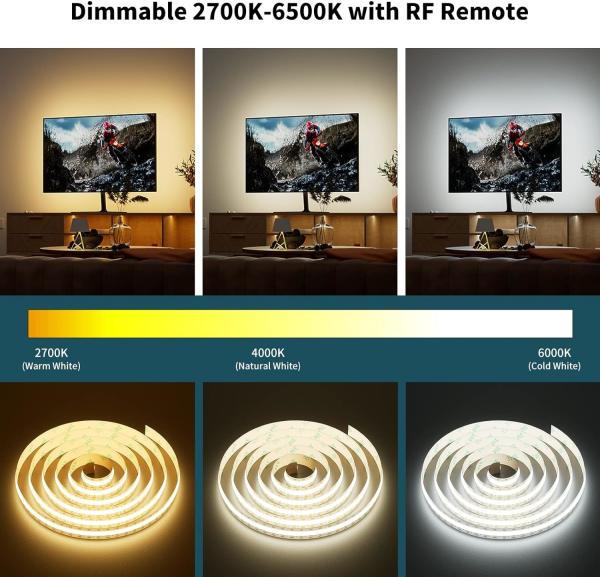 COB LED Strip Light CCT Tunable 560LEDs CRI90 2m Dimmable 2700K-6500K 24V LED Tape Lights Kit For Under Cabinet Bedroom