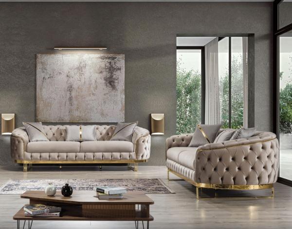 Luxury Beige Sofa Set Furniture Velvet 1 2 3 Seat Gold Stainless Steel Living Room Sofas