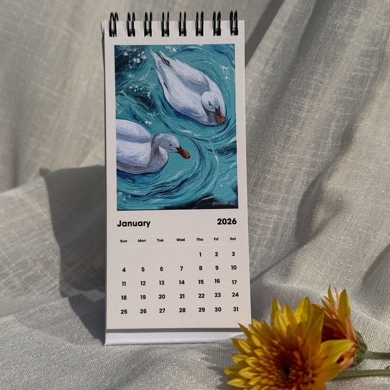Fine Art Illustrated Vertical Desktop Stand-Up Calendar With Wire-O Binding