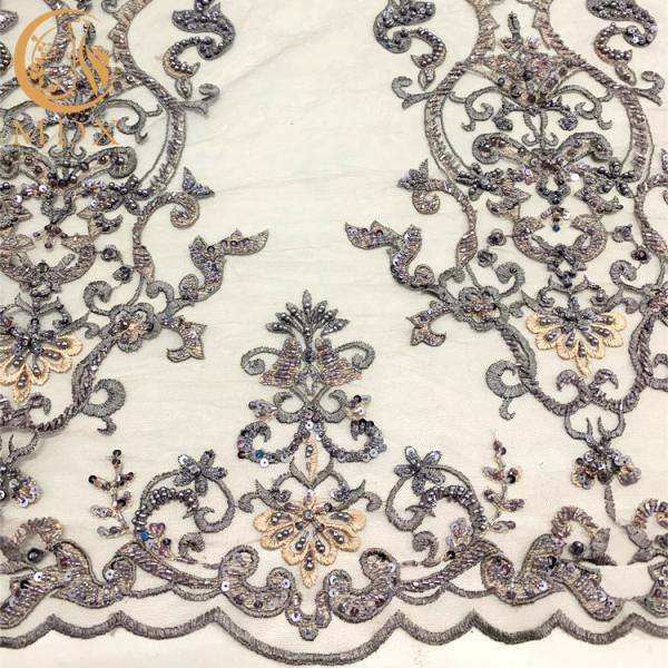 Grey 3D Handmade Beaded Lace Fabric For Lady Wedding