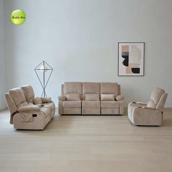 Beige Reclining Sofa Set with Multi-position Adjustable Backrest, Ergonomic Design, and Built-in Storage Pockets for Home Theater