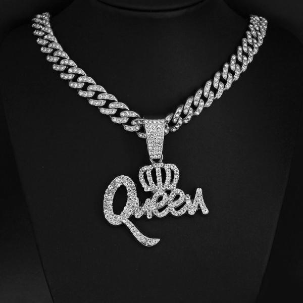 Fashion Rhinestone Crown Queen Pendant Necklace Hiphop 11mm Cuban Link Chain Necklaces For Women Jewelry Party Gifts
