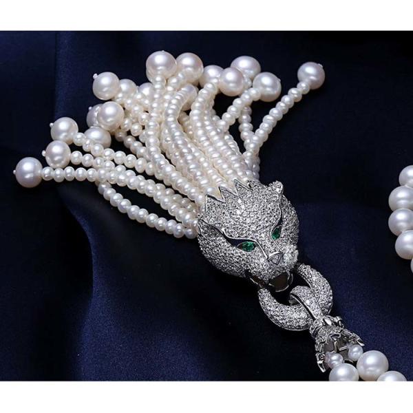 Shell Pearl Sweater Necklace with Tassels Pave Cubic Zirconia Charm Pendant (SN702142SIVER)