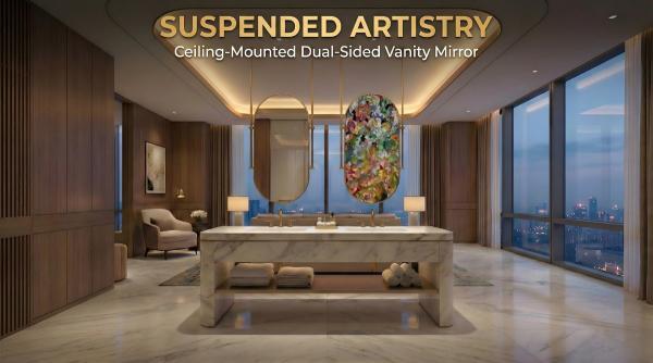 Kingstin Custom Height Ceiling Hanging LED Mirror, Double-Sided Art Decorative Suspended Mirror with Metal Rods, Hotel Projects