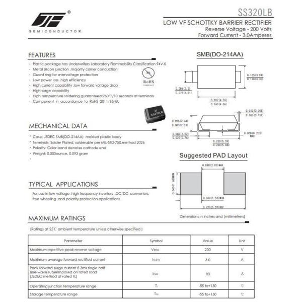 SS34LB THRU SS320LB Series 3A Current Low Vf Schottky Diode IF 3A with SMB Package