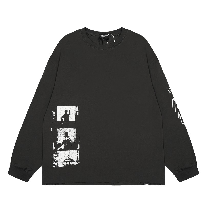 Wash Black Men's Women's Oversized Knitted Vintage Printed T-shirt 100% Cotton Long Sleeve Breathable Digital Print Retro Couple