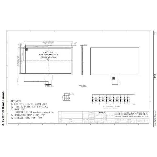 IPS TN Малый LCD сенсорный экран ISO9001 CH900WS01A Rgb LCD Tft Monitor