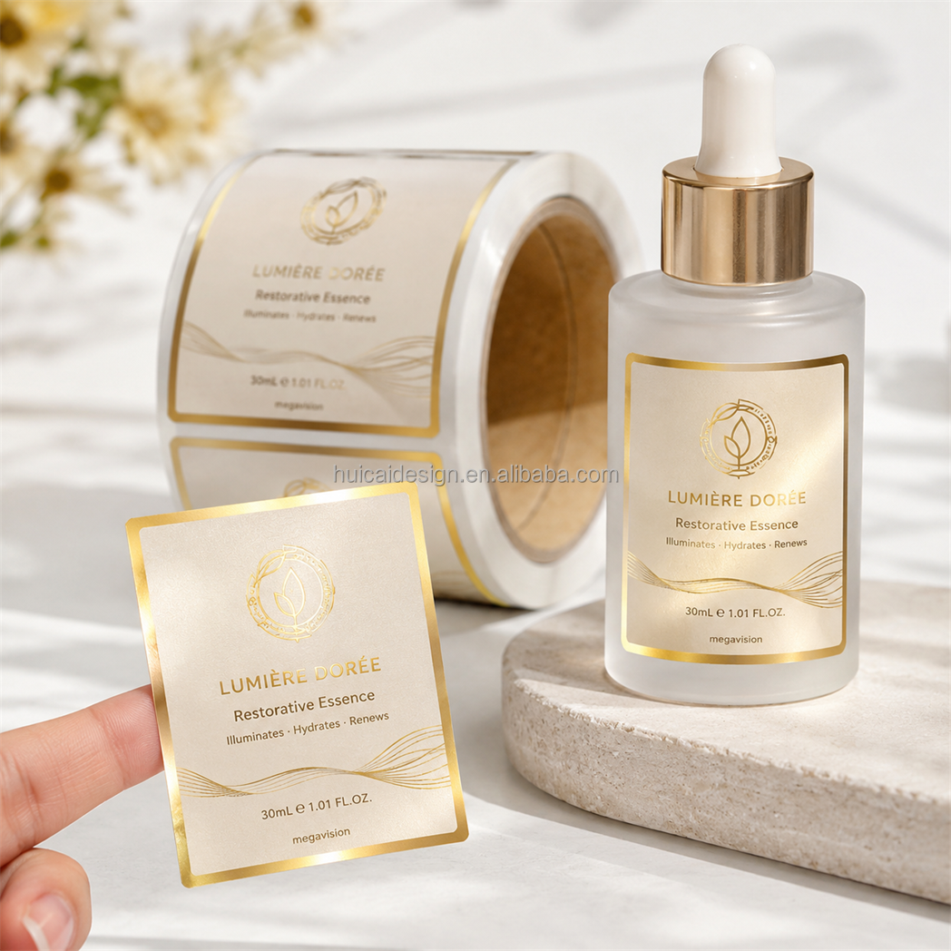 Custom Face Serum Label Waterproof BOPP Gold Foil Cosmetic Bottle Sticker Roll Printing Private Logo Labels