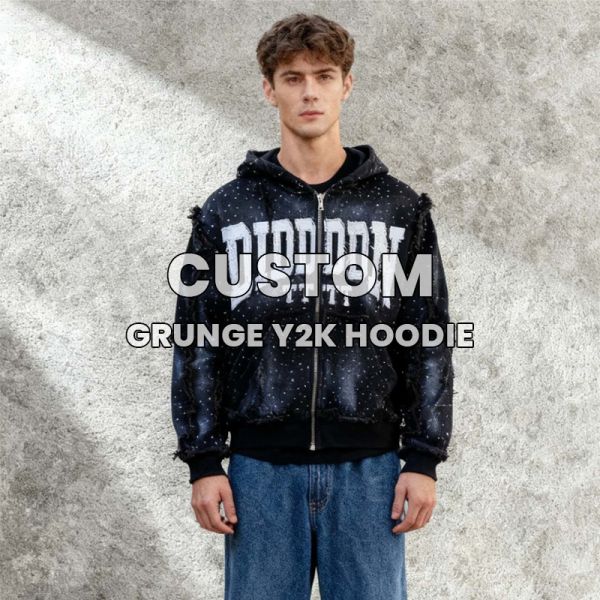 OEM&ODM Wholesale Custom High Quality Heavyweight Men's Hoodie Applique Embroidered Rhinestone Acid Wash Fashion Zip up Hoodie