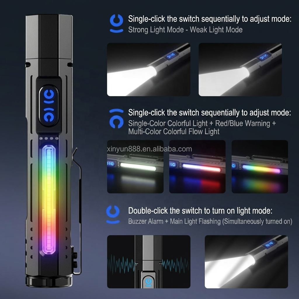New Product: Buzzer Bright Light Flashlight, Multi-Functional RGB Fluid Light Outdoor Retractable Zoom Magnetic LED Torch
