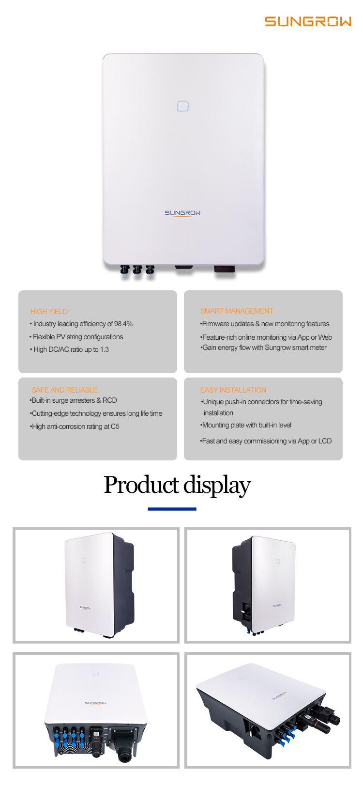 Top Brand Sungrow SG15RT 15KW Three Phrase on Grid Solar Power Inverter for Home System