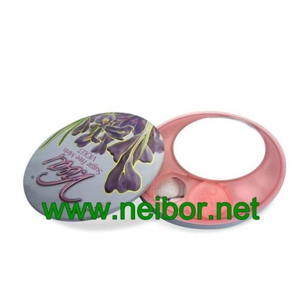 Food grade round mint tin box with plastic dispenser and mirror