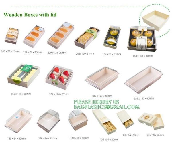 Wooden Food Packaging Box Cake Dessert Container With Plastic Cover, Take Out Pastry Cake Lunch Sushi Tray