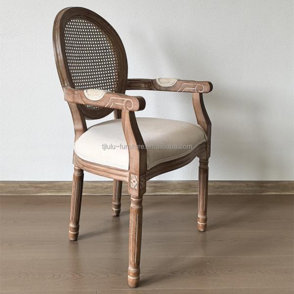 Modern Design Style Nitrolacquer Finish French Vintage Style Customized Wood Dining Fabric Louis Armrest Chair for Event