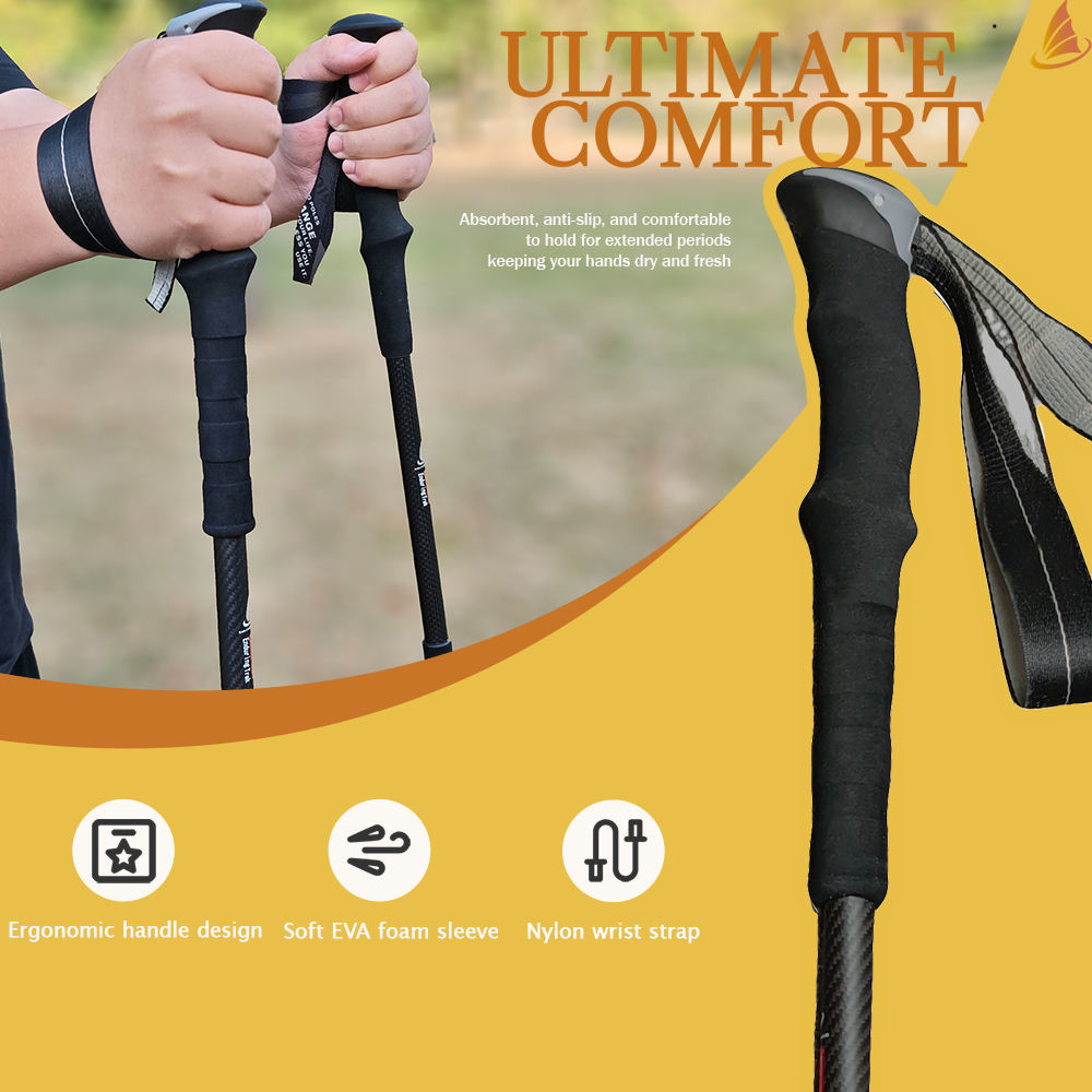 Adjustable Lightweight Carbon Fiber Telescopic Hiking Pole 3-Section with EVA Foam Grip 65-135cm