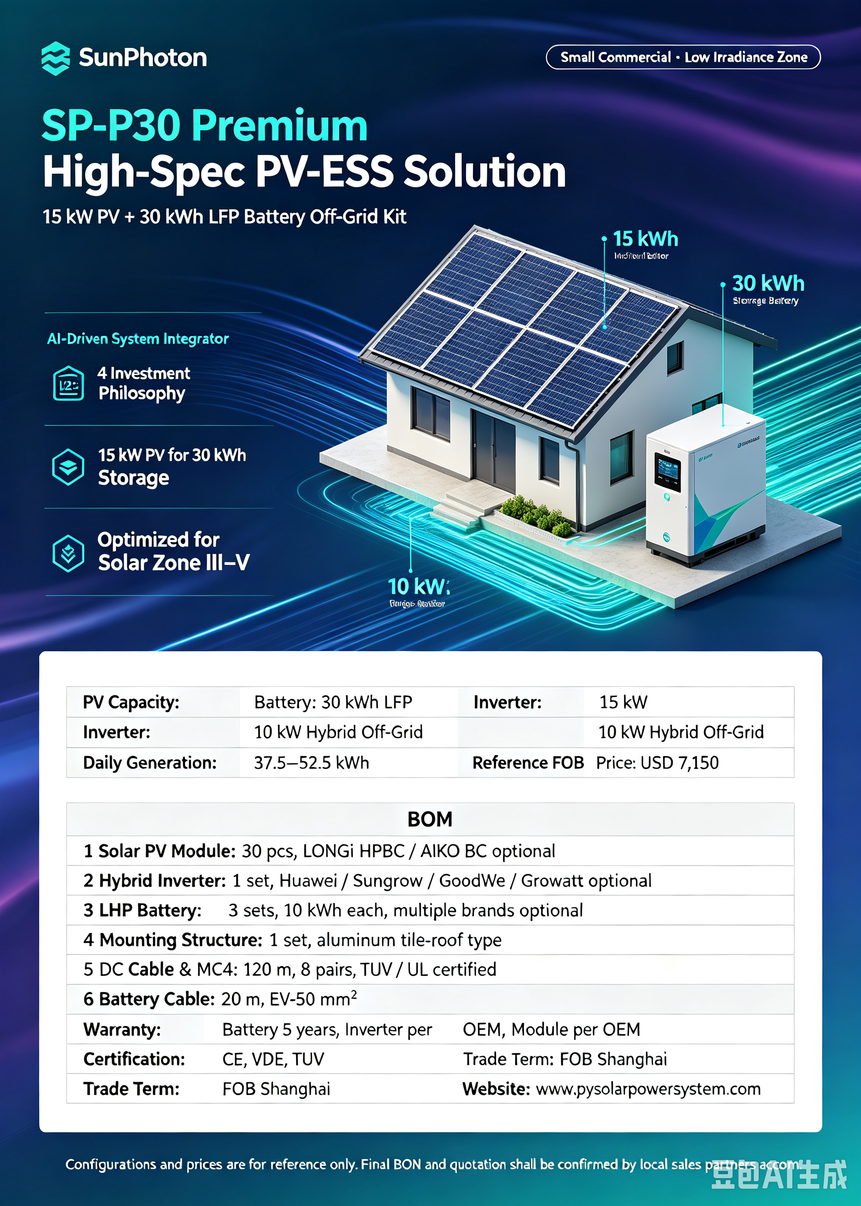 SP P30:15 kW PV +10 kW Hybrid Inverter +30 kWh LFP Off Grid Kit