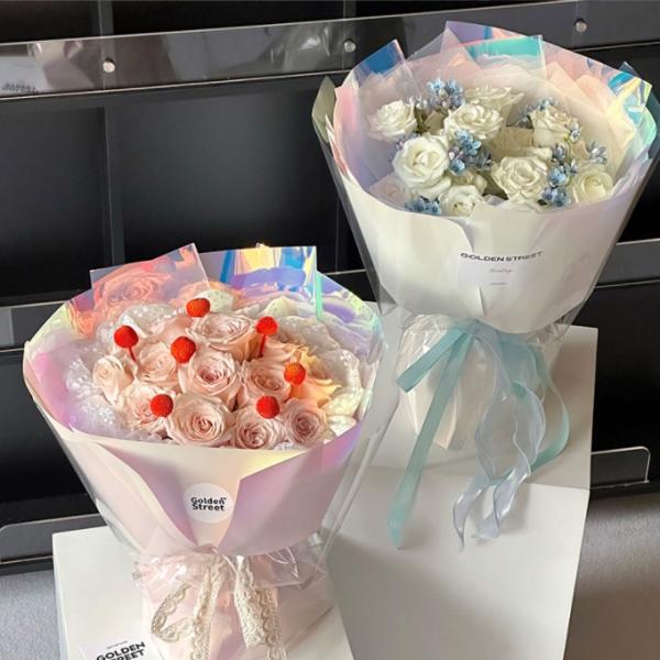 Diseño de moda en papel de embalaje para flores y rosas, color mágico de doble cara, embalaje colorido de siete colores y luz