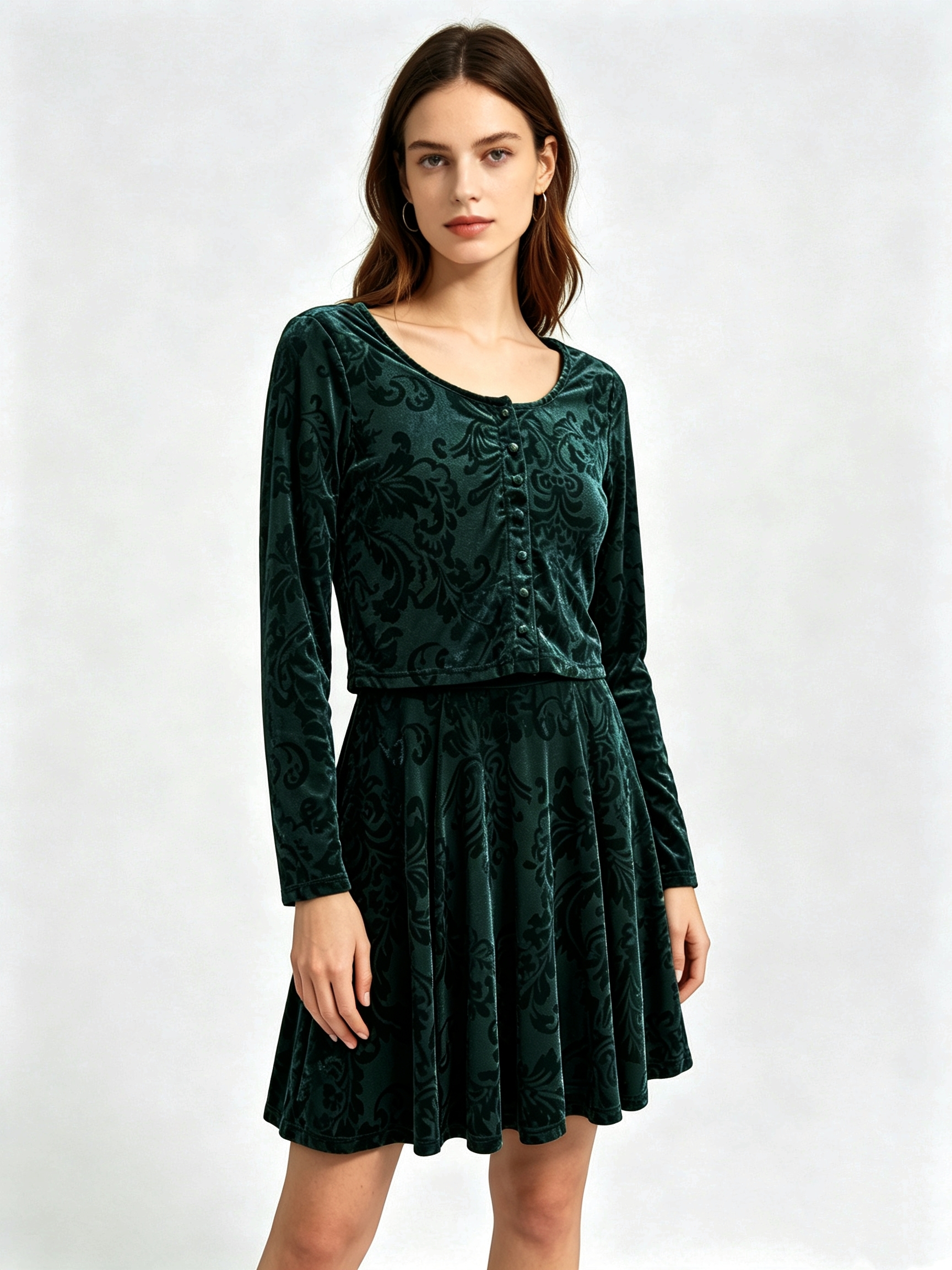 Emerald Green Velvet Top with Damask Print and Long Sleeve for Elegant Outfits