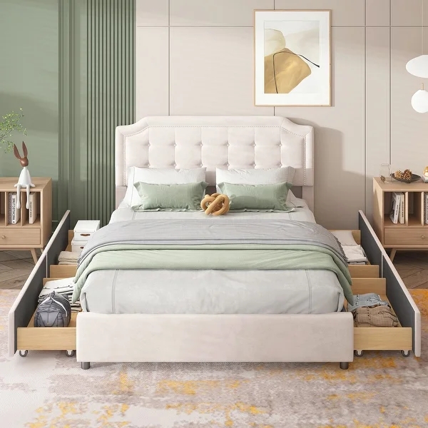 Queen Size Upholstered Platform Bed with Velvet Fabric Classic Headboard bed room set for Bedroom Apartment and Hotel