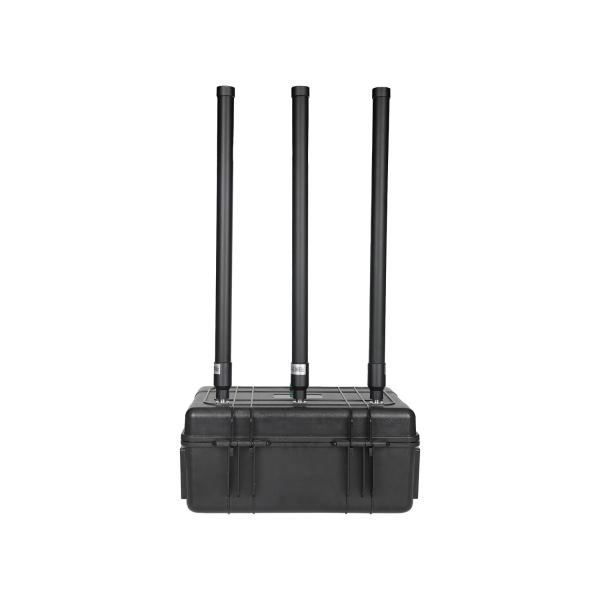3 antennas 150W powerful briefcase design signal jammer blocks 2400-2500MHz,850-950MHz, 5725-5850MHz etc,. customizable signals, with a coverage range of up to 150 meters.