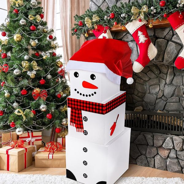 Large Snowman Nesting Gift Box Set Christmas themed Stacking Decoration Red Scarf Hat Design