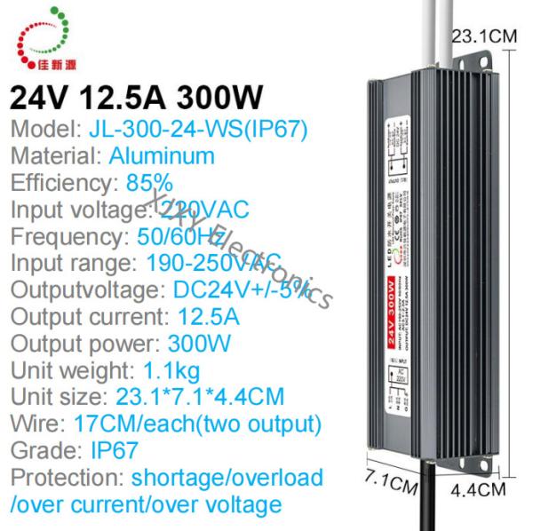 Light Strips IP67 Waterproof LED Driver 24V 300W 12.5A Ultra Thin 85% Efficiency