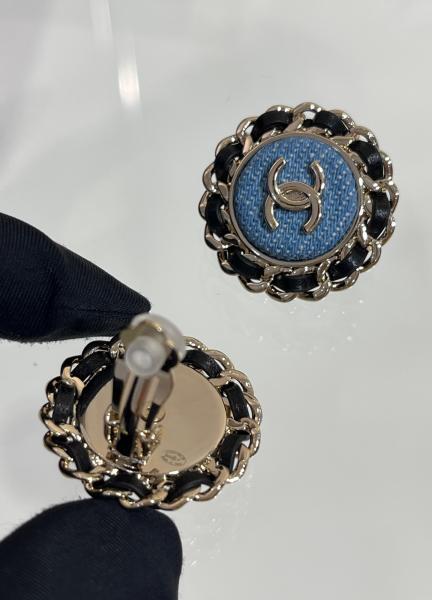 Leather Woven Chain Denim Luxury Clip On Earrings 18K Gold Plated Round Shape