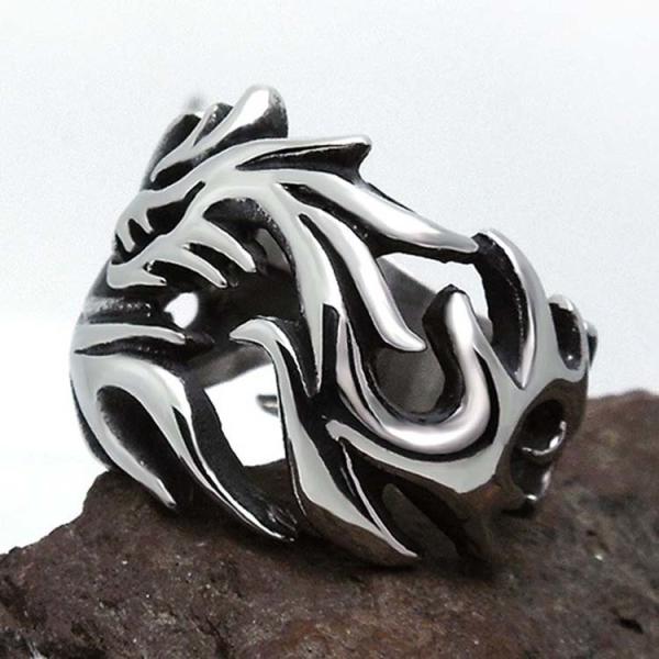 Men's Vintage Old Silver Plated Titanium Stainless Steel Dragon Ring (SA126)