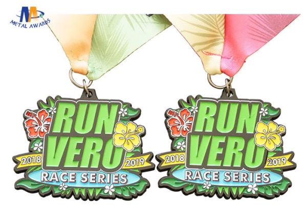 Die Cast Metal 5k Race Medals Black Nickle Plating Colors Filled With Sublimated Ribbon