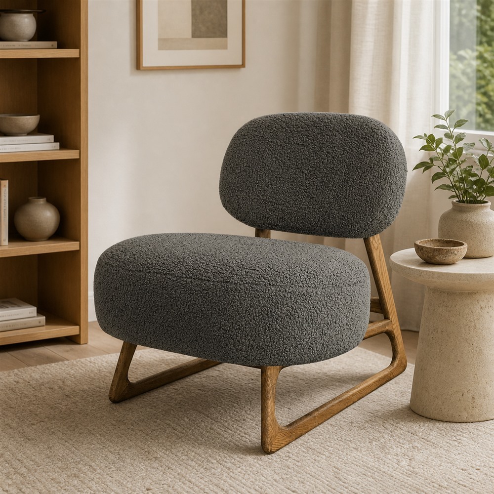 Contemporary Gray Bouclé Armless Lounge Chair, Solid Wood  CYC-021-GRY