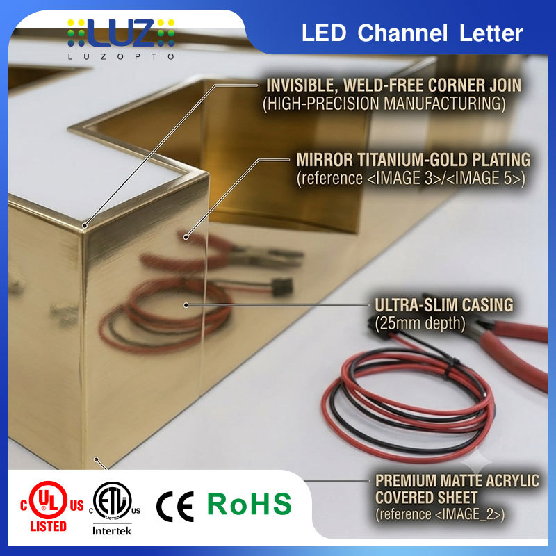 Titanium Gold Finish Plating Slim Casing Front Lit Covered Sheet LED Signage For Luxury Restaurant