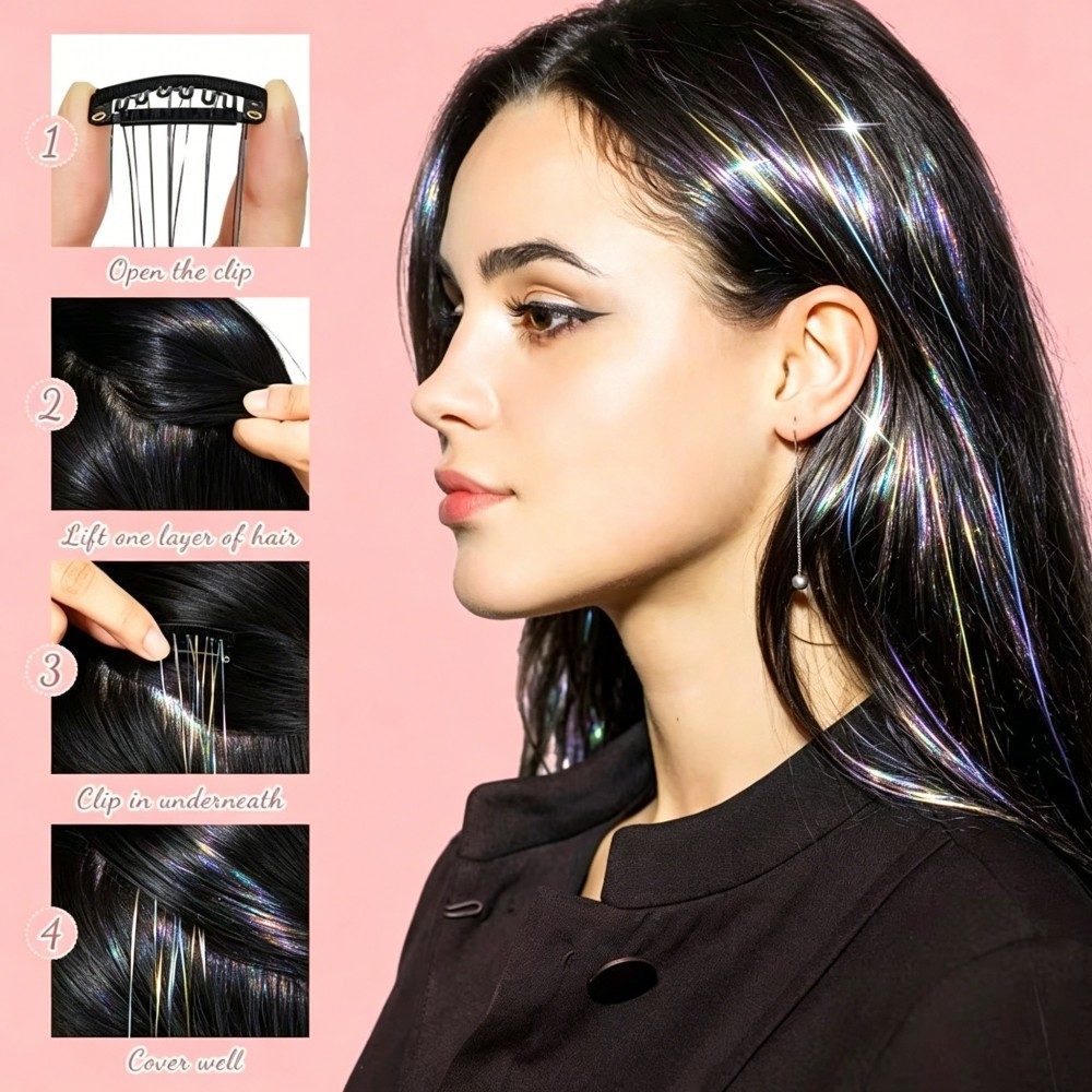 20 Inches Glitter Hair Tinsel Clip in Dreamy Colorful Fairy Hair Tinsel Extensions