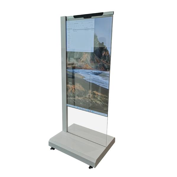 Kiosco con pantalla OLED transparente de 55 pulgadas con pantalla táctil y humano digital de IA para eventos y exposiciones